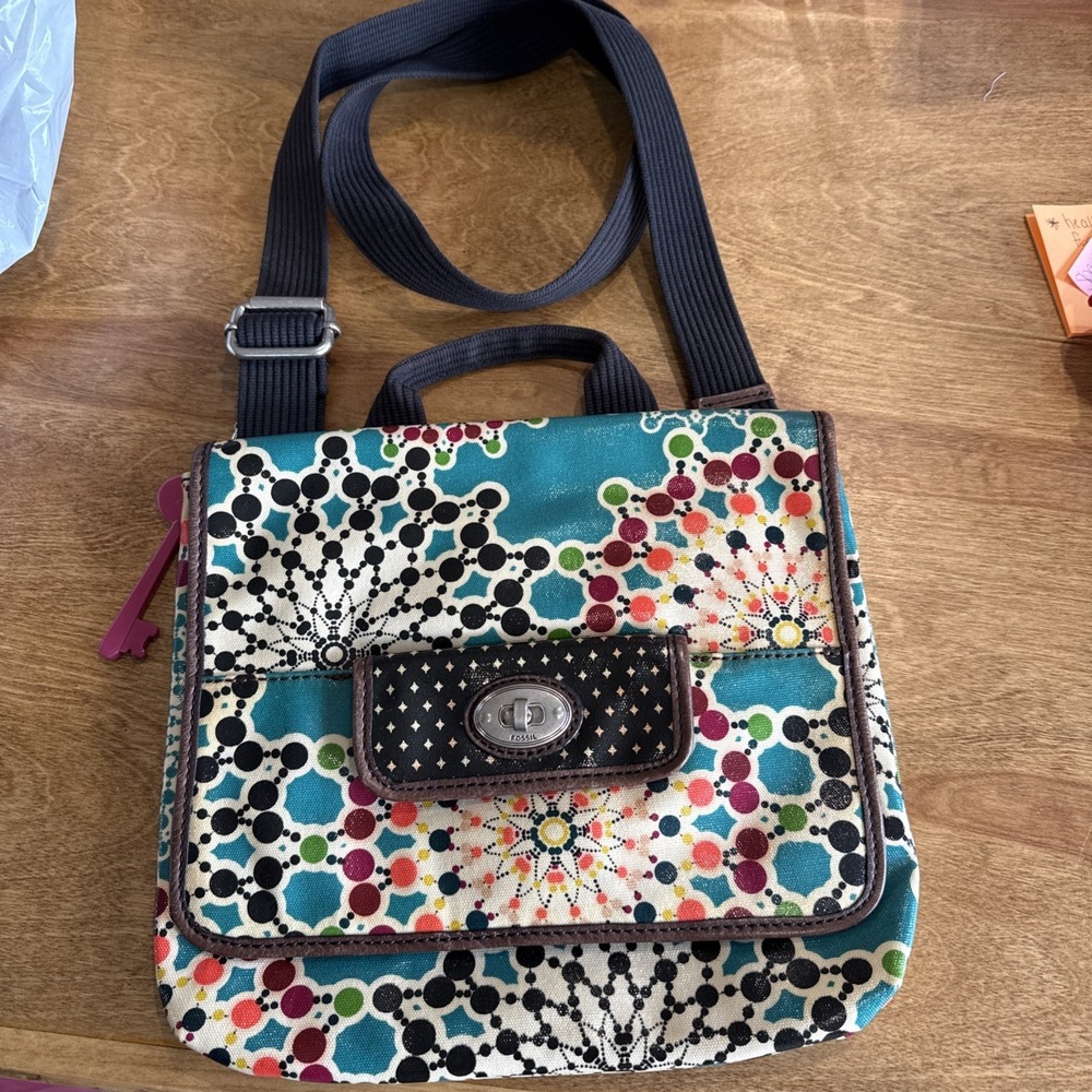 Fossil KEY PURSE Crossbody Bag Boho Starburst with Key Vinyl Coated Canvas
